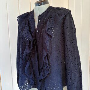 Madewell Black Eyelet Ruffle Blouse Long Sleeve Size XL Cotton Boho Top
